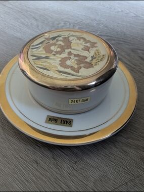 Porcelain Trinket Box and Saucer with 24KT Gold Trim